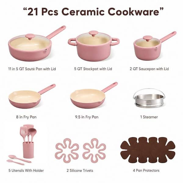 Numhew 21-Piece Aluminum Cookware Set with Lids, Nonstick Pots and