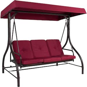 3-Seat Converting Canopy Patio Swing Steel Lounge Chair with Cushions in Burgundy Red