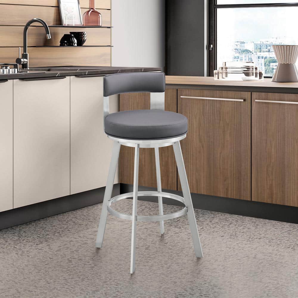 Flynn 26 in. Gray/Silver Low Back Metal Counter Stool with Faux Leather Sea