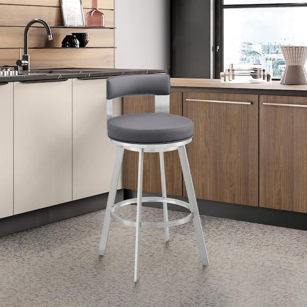 Armen Living Flynn 26 in. Gray/Silver Low Back Metal Counter Stool with Faux Leather Seat