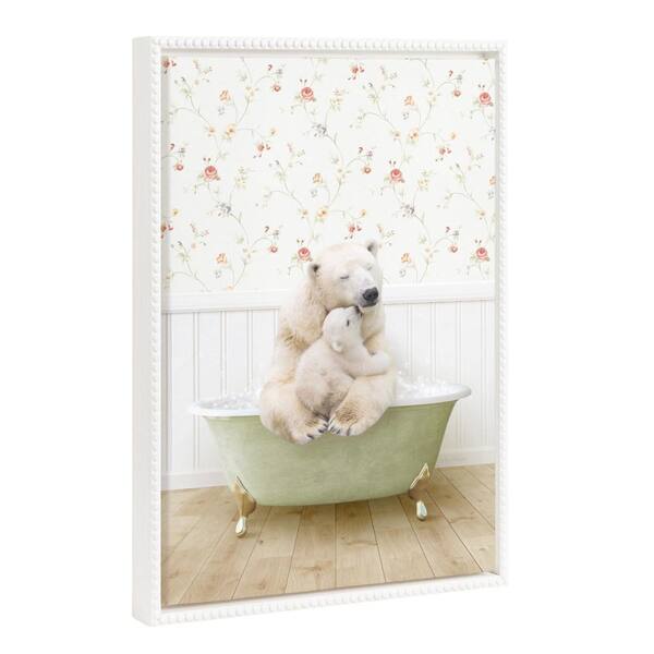 Sylvie Mother and Baby Polar Bear in Country Cottage Bath 1-Piece White Framed Canvas Art Print, 18 in. x 24 in.