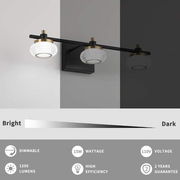 19 in. 3 Light Black and Gold LED Vanity Light Bar with Clear Acrylic Shade