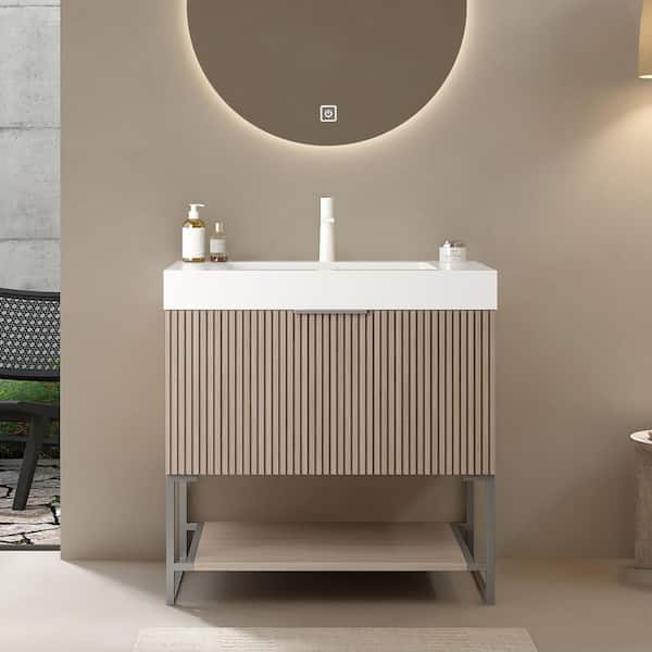 FAMYYT 30 in. Single Sink Pre-Assembled Freestanding Light Brown Bath Vanity with White Acrylic Top