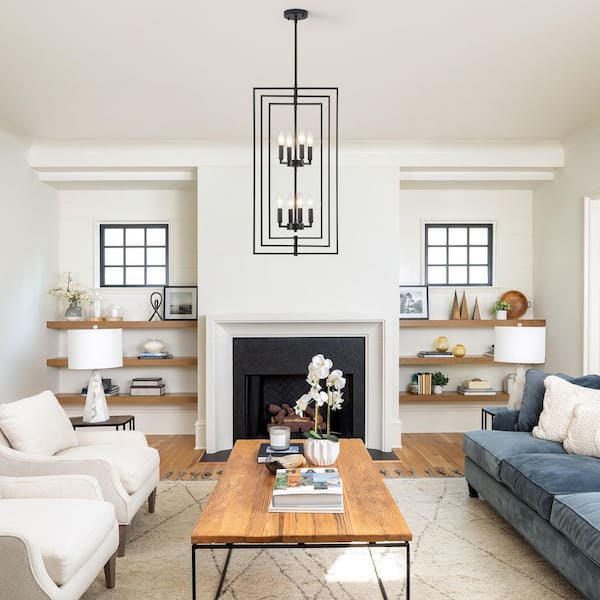 8-Light Black Candlestick Rustic Sputnik Light Hanging Linear Chandelier Lighting for Kitchen Island