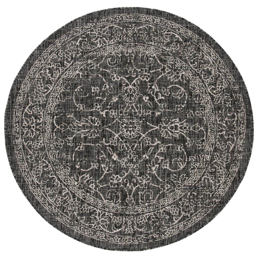 SAFAVIEH Courtyard Black/Ivory 5 ft. x 5 ft. Round Border Indoor ...