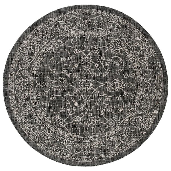 SAFAVIEH Courtyard Black/Ivory 5 ft. x 5 ft. Round Border Indoor/Outdoor Patio  Area Rug