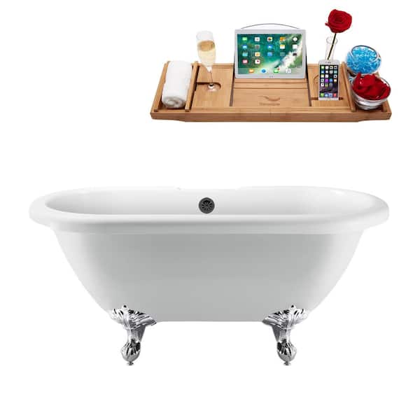 Streamline 67 in. Acrylic Clawfoot Non-Whirlpool Bathtub in Glossy White With Polished Chrome Clawfeet And Matte Black Drain