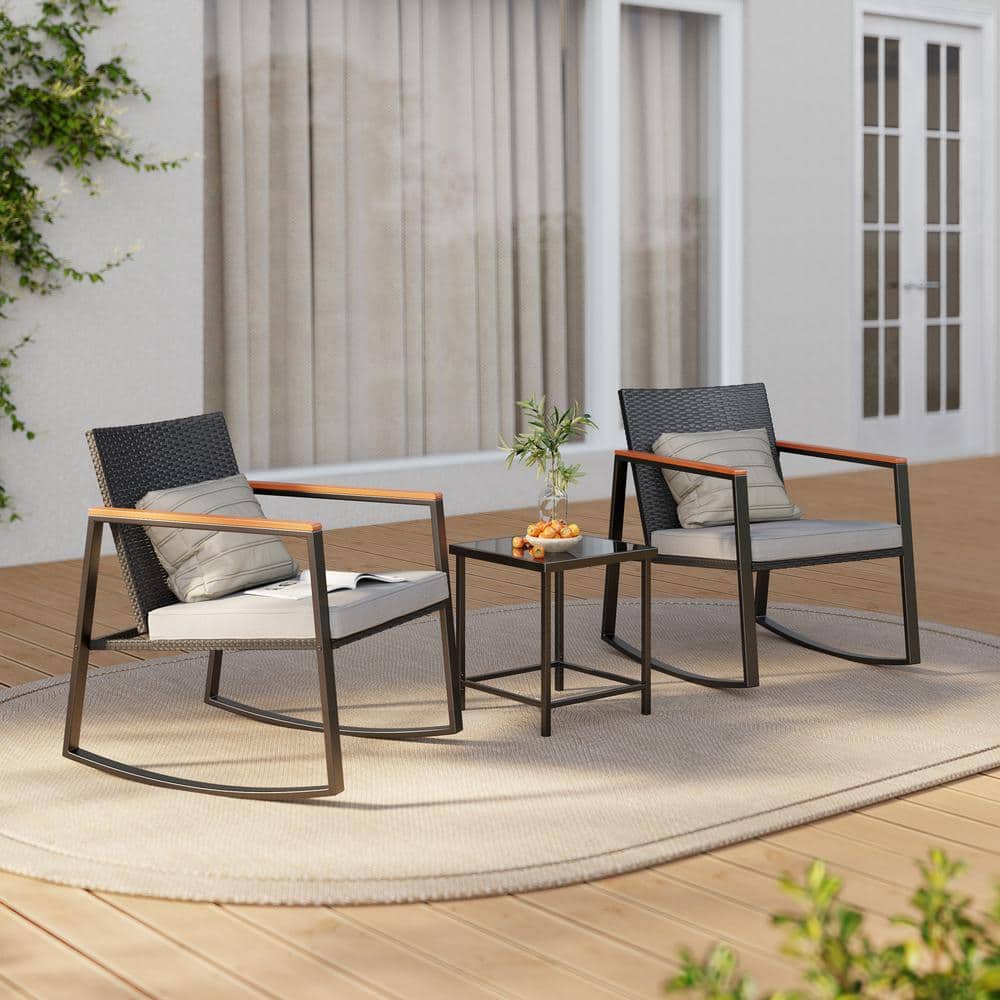 Gray Wicker and Steel 3-Piece Patio Rocking Chair Set