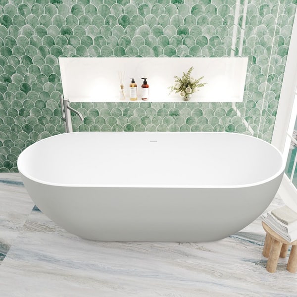 FORCLOVER 69 in. x 30 in. Solid Surface Soaking Bathtub with Center Drain in Matte White