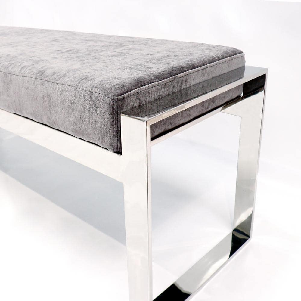 Gray Velvet Upholstered Bench with Stainless Steel Legs