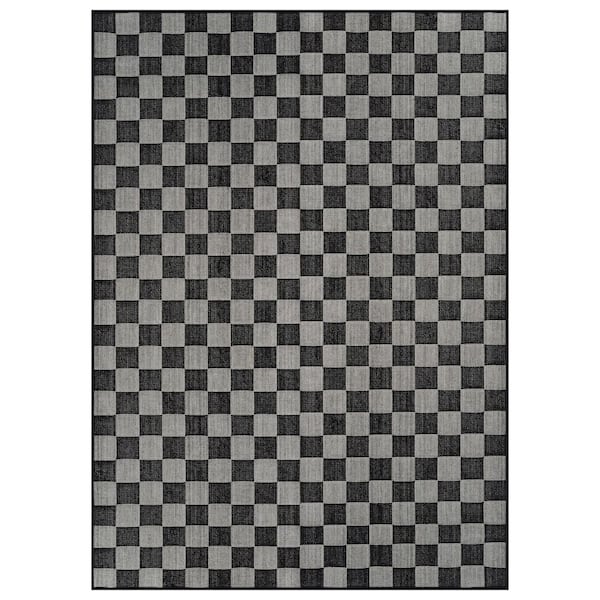 Checkered Black/Ivory Easy-Care Jute-Style Indoor/Outdoor Flat Woven 7 ft. 10 in. x 10 ft. Black Area Rug