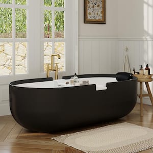 66.93 in. x 29.53 in. Stone Resin Solid Surface Freestanding Soaking Bathtub with Hose, Drain and Pillow in Matt Black