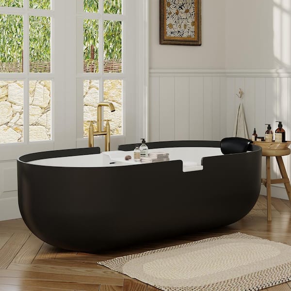 VANITYFUS 66.93 in. x 29.53 in. Stone Resin Solid Surface Freestanding Soaking Bathtub with Hose, Drain and Pillow in Matt Black