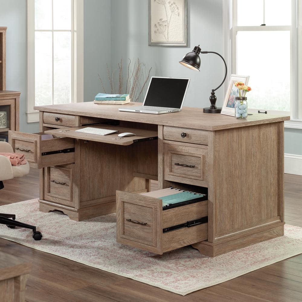 Brushed Oak Executive Desk with Drawers and Keyboard Tray