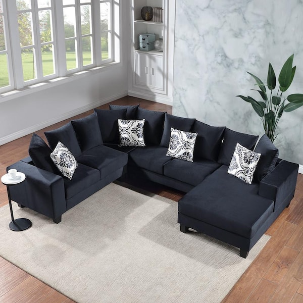 sumyeg 110 in. Modern U-Shaped Velvet Sectional Sofa in. Black with Pillows