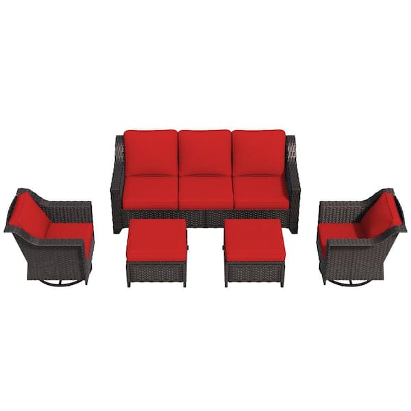 5-Piece Rattan Wicker Patio Conversation Set Sectional Outdoor Chairs with Red Cushions and Ottomans