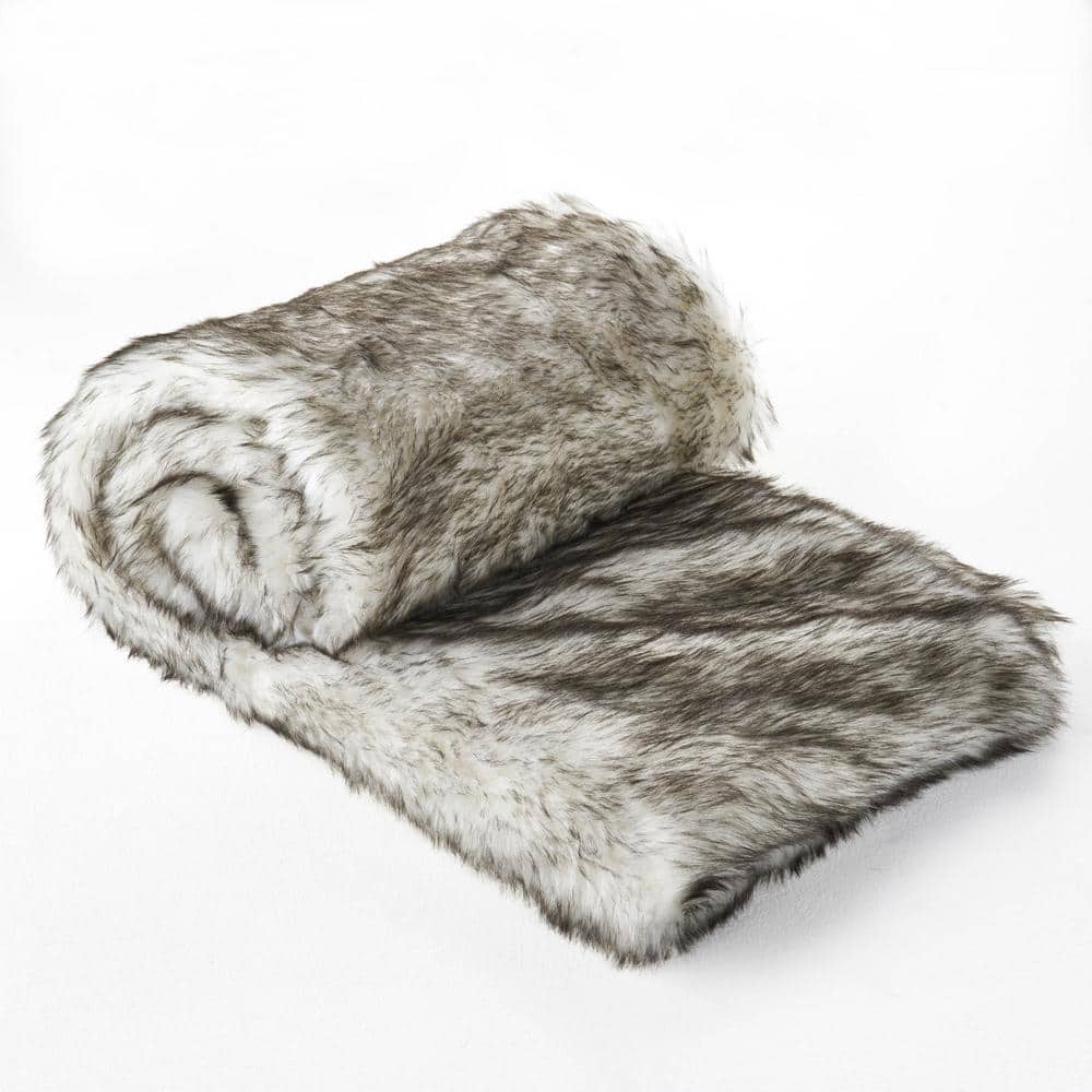 Cozy Series Grey with White Streaks Winter Comfort Theme Faux Fur Throw Bla