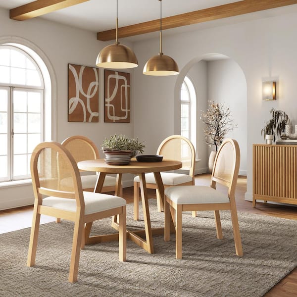 Bailey 19 in. Boucle Upholstered Side Dining Chair w/ Rattan Back and Solid Wood Legs, Cream Boucle/Warm Pine, Set of 4