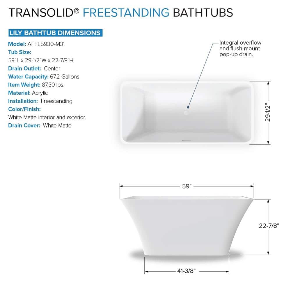 Lily 59" White Acrylic Freestanding Soaking Tub