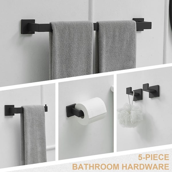 5-Piece Bath Hardware Set with Towel Bar Towel Hook Toilet Paper Holder in Matte Black