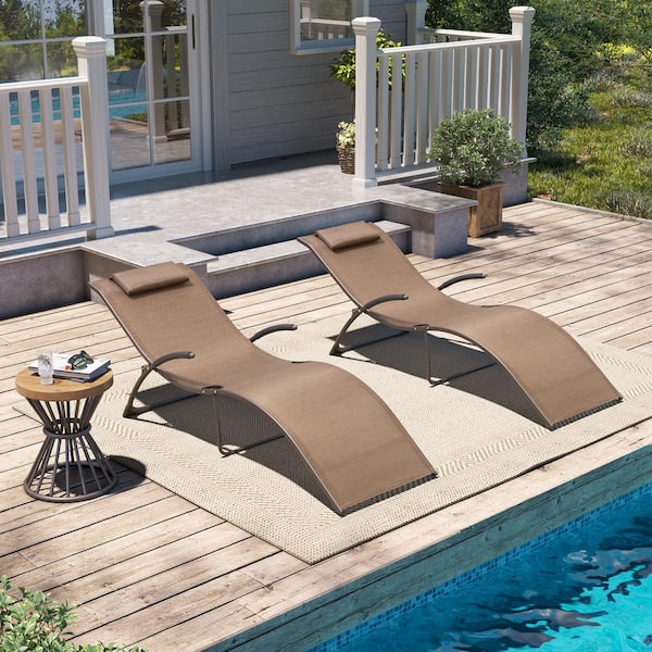 Pellebant Outdoor Folding Metal Lounge Chairs in Brown (Set of 2)