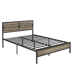 Bed Frame Gray Metal Frame Full Size Platform Bed with Wooden Headboard, Strong Metal Slat Support and Under-Bed Storage