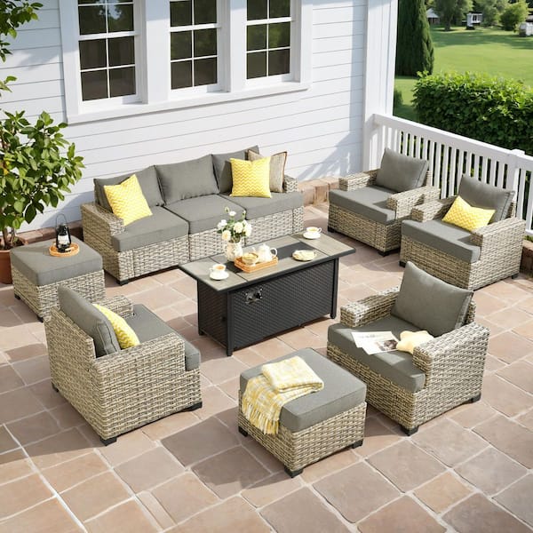 Tiberte Gray 10-Piece Wicker Patio 54 in. Rectangle Fire Pit Conversation Set with Dark Gray Cushions
