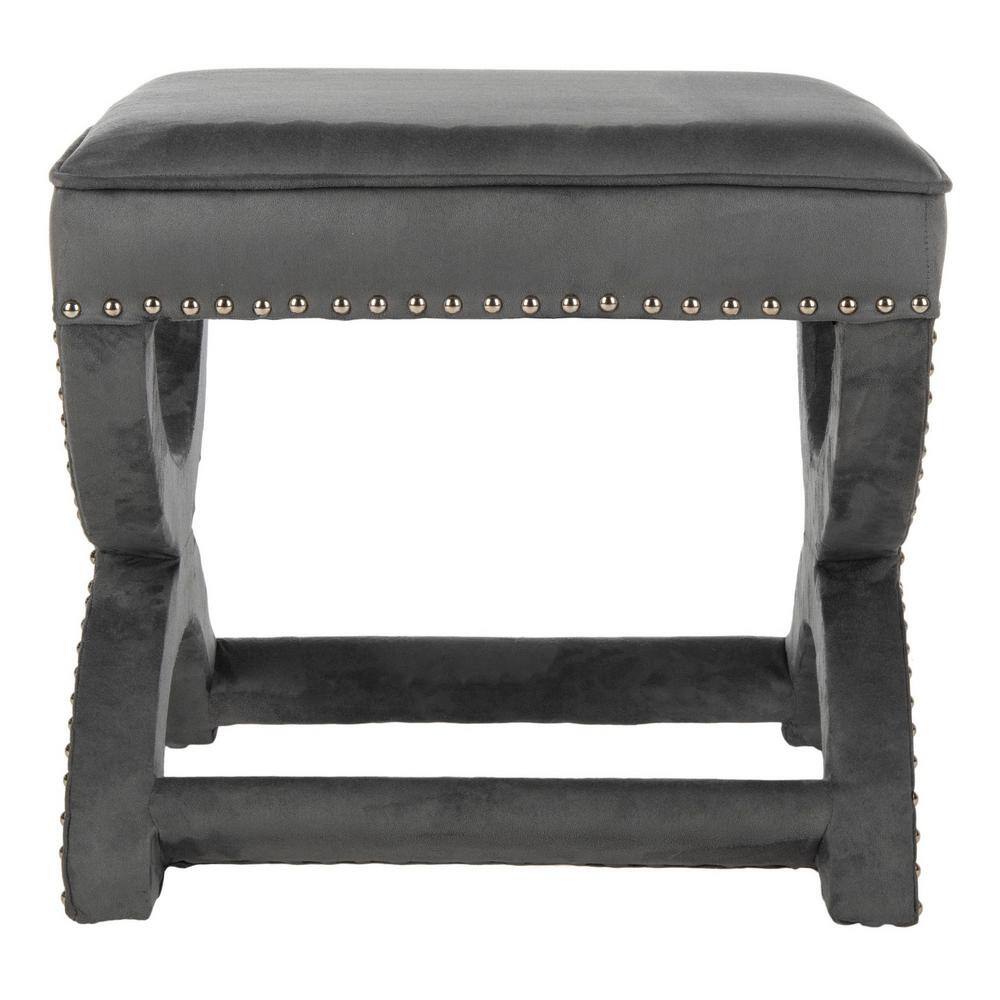 Gray Velvet Ottoman with Silver Nailhead Trim