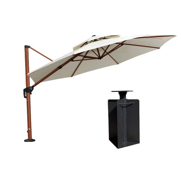PURPLE LEAF 12 ft. Octagon High-Quality Wood Pattern Aluminum Cantilever Polyester Patio Umbrella with Base in Ground, Cream