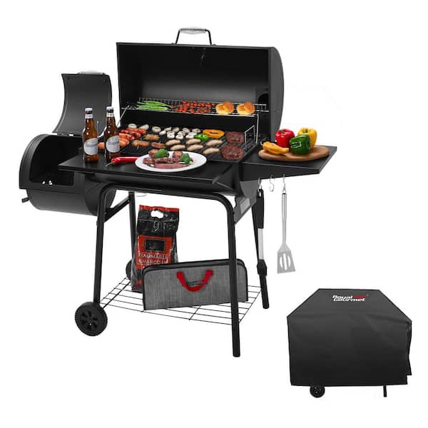 Royal Gourmet Charcoal Grill with Offset Smoker and Side Table in Black plus a Cover