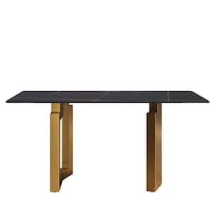 63 in. Sintered Stone Black Rectangle Top Double Pedestal 2-Gold Metal Base Dining Table (Seats-6)