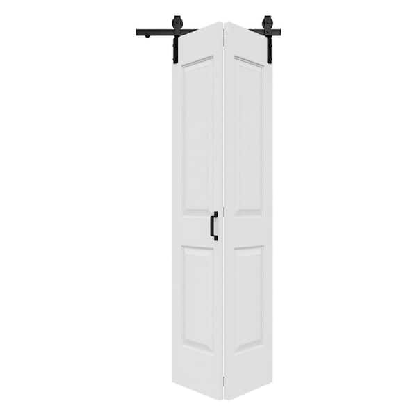 32 in. x 84 in. Paneled 4-Lite White Primed Hollow Core MDF Composite Bi-fold Door with Bifold Barn Door Hardware