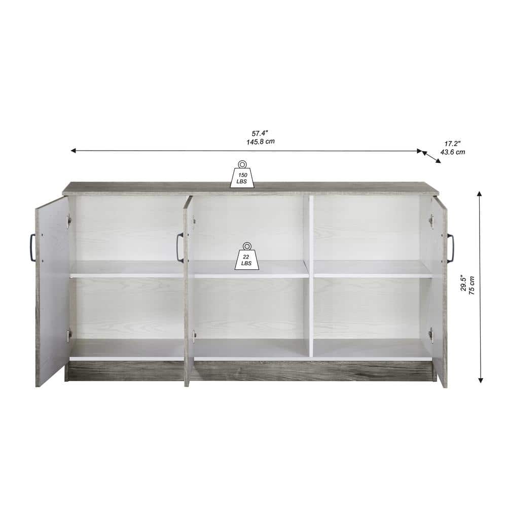 Gray Oak 3-Door Office Credenza with Adjustable Shelving