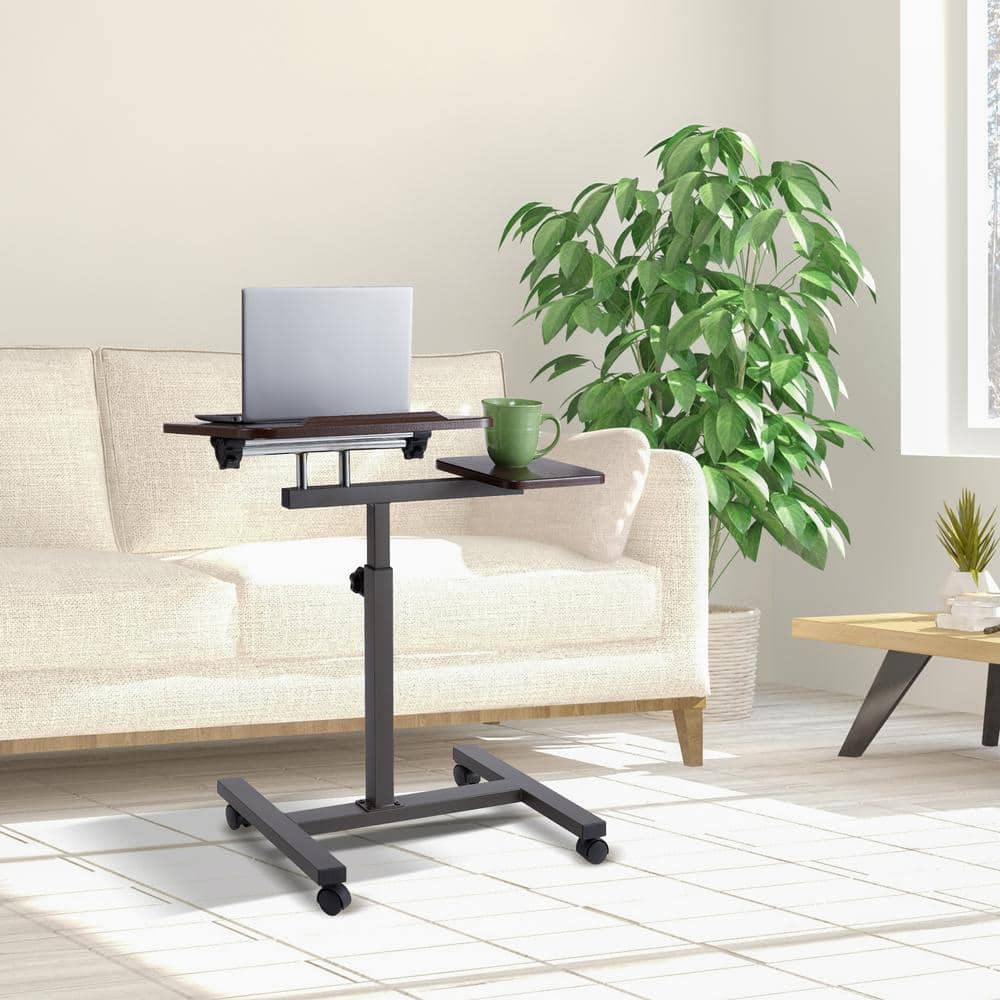 Walnut Adjustable Height Rolling Laptop Desk with Side Table