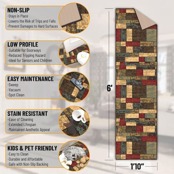 Ottohome Collection Non-Slip Rubberback Boxes Design 2 x 6 Indoor Runner Rug, 1 ft. 10 in. x 6 ft., Multicolor