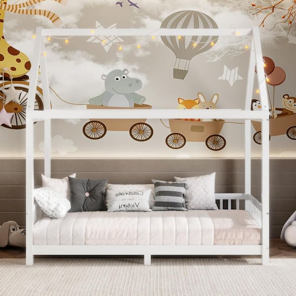 Qualler White Twin House Bed with LED Light