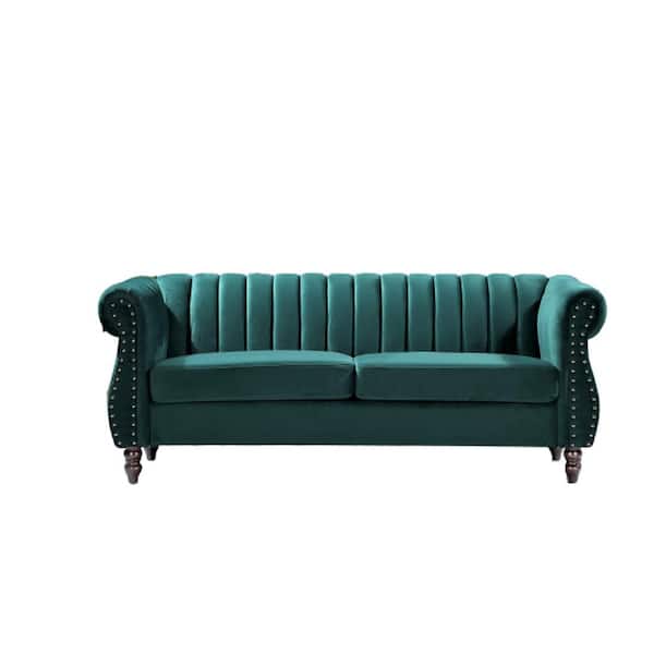 US Pride Furniture Louis 76.4 in. Green Velvet 3-Seater Chesterfield Sofa with Nailheads