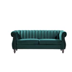 Louis 76.4 in. W Round Arm Velvet 3-Seats Straight Chesterfield Sofa with Nailheads in Green
