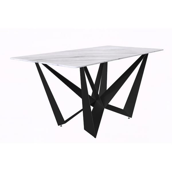 Leisuremod Nuvor Dining Table with a 55 in. Sintered Stone Rectangular Top and Black Steel 4 Legs Base in White Seats 6