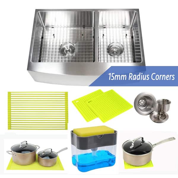 eModernDecor 33 in. x 21 in. x 10 in. 16-Gauge Stainless Steel Farmhouse Apron 60/40 Offset Double Bowl Kitchen Sink with Accessories