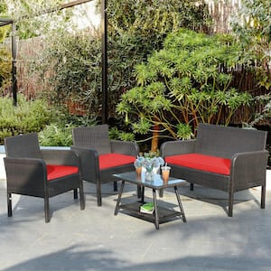 Black 4-Piece Wicker Patio Conversation Set with Red Cushions