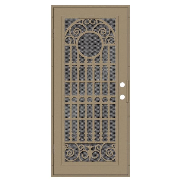Unique Home Designs Spaniard 30 in. x 80 in. Right Hand/Outswing Desert Sand Aluminum Security Door with Black Perforated Metal Screen