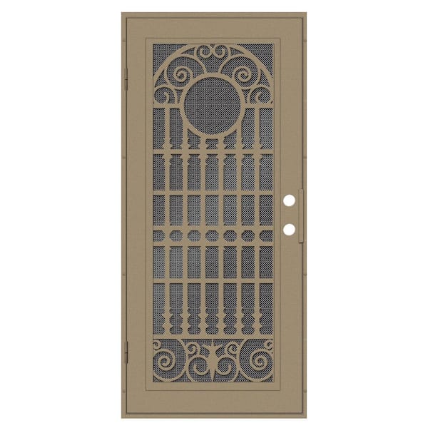 Unique Home Designs Spaniard 32 in. x 80 in. Right Hand/Outswing Desert Sand Aluminum Security Door with Black Perforated Metal Screen