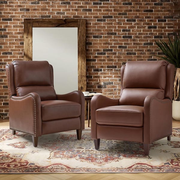 Hyde Modern Retro Brown Genuine Leather Wingback Recliner Upholstery Armchair With Nail Head Trim (Set of 2)
