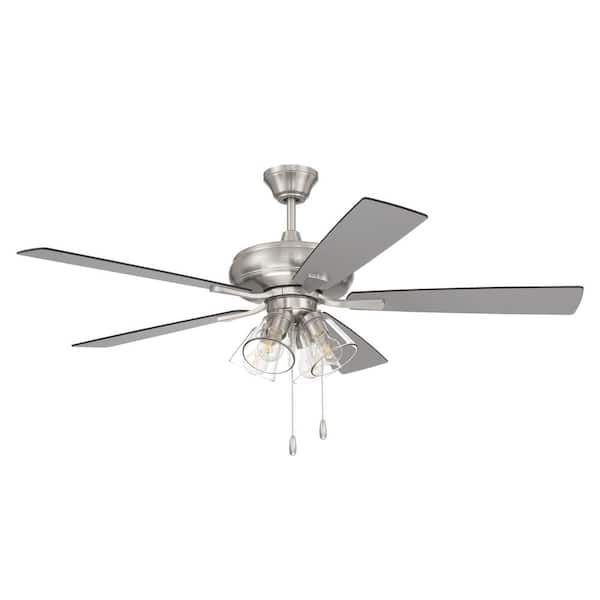 CRAFTMADE Eos Clear 4 Light 52 in. Indoor Dual Mount Brushed Nickel Finish Ceiling Fan, Reversible Brushed Nickel/Greywood Blades