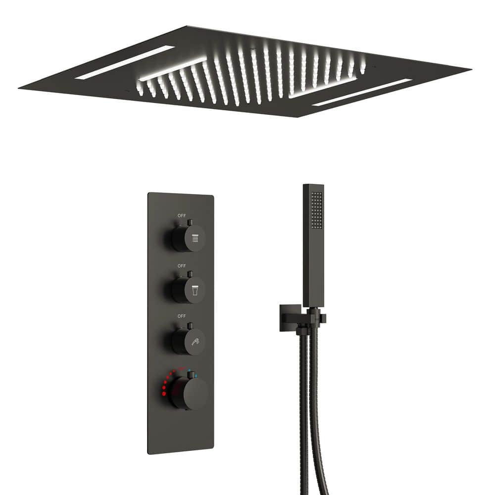 EVERSTEIN Full Spectrum LED 7-Spray Ceiling Mount 23 in. x 15 in. Dual Fixed and Handheld Shower Head w/ Waterfall in Matte Black