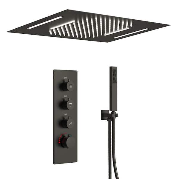 Full Spectrum LED 7-Spray Ceiling Mount 23 in. x 15 in. Dual Fixed and Handheld Shower Head w/ Waterfall in Matte Black