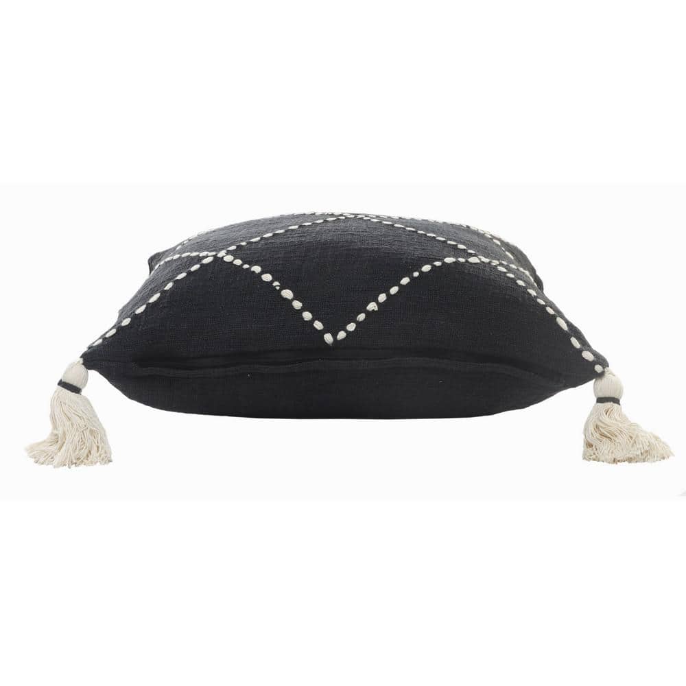 Geometric Black and White Embroidered Tassel Throw Pillow 20x20