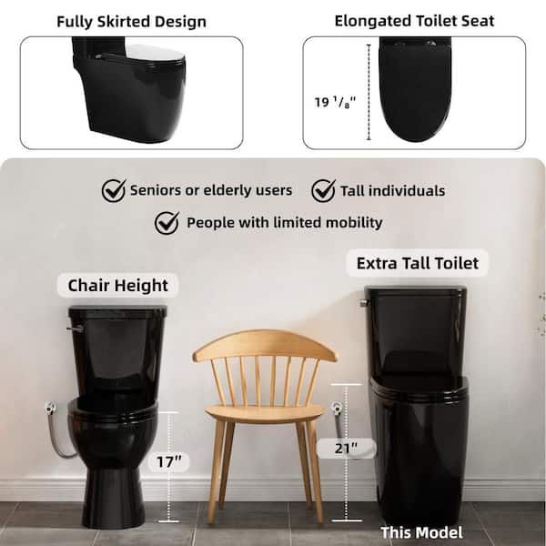 Los Flexi 21 in. Extra Tall Toilet 2-Piece, Glossy Black, 1.28 GPF