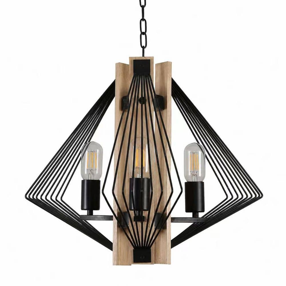 3-Light Black Farmhouse Chandelier Wood Cage Design for Dining Room, Kitchen Island, Bedroom Cafe price history on PriceWatchPro